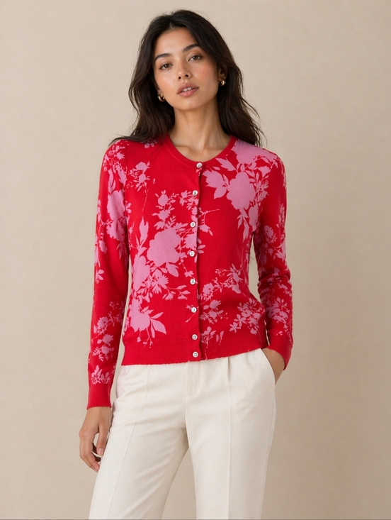 Lord & Taylor Sweaters - Lord & Taylor | Red Pink Floral Cardigan Sweater, Size S